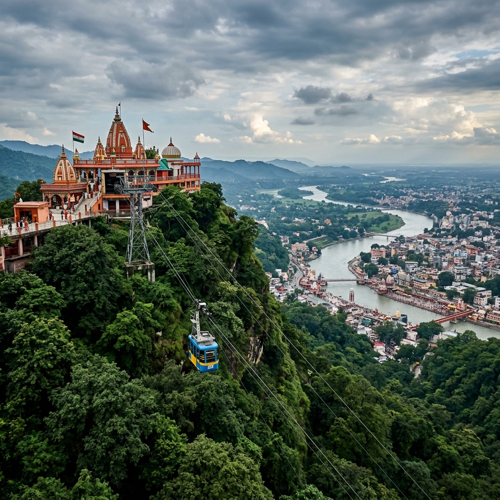 Chandi Devi Temple on Neel Parvat mountain with cable car in Haridwar