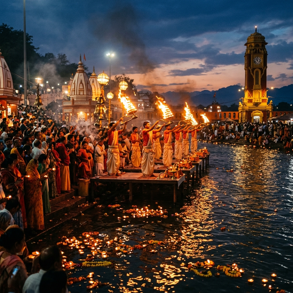Ganga Aarti ceremony with fire and diyas floating on the Ganges river at Har Ki Pauri Haridwar