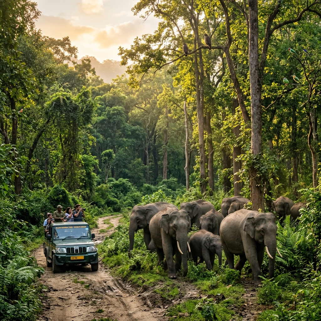 Rajaji National Park near Haridwar with elephants and lush jungle — wildlife safari