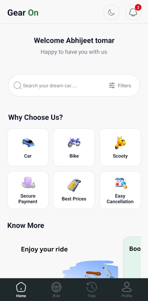 Gear On mobile app homepage showing self-drive car, bike, and scooty rental options
