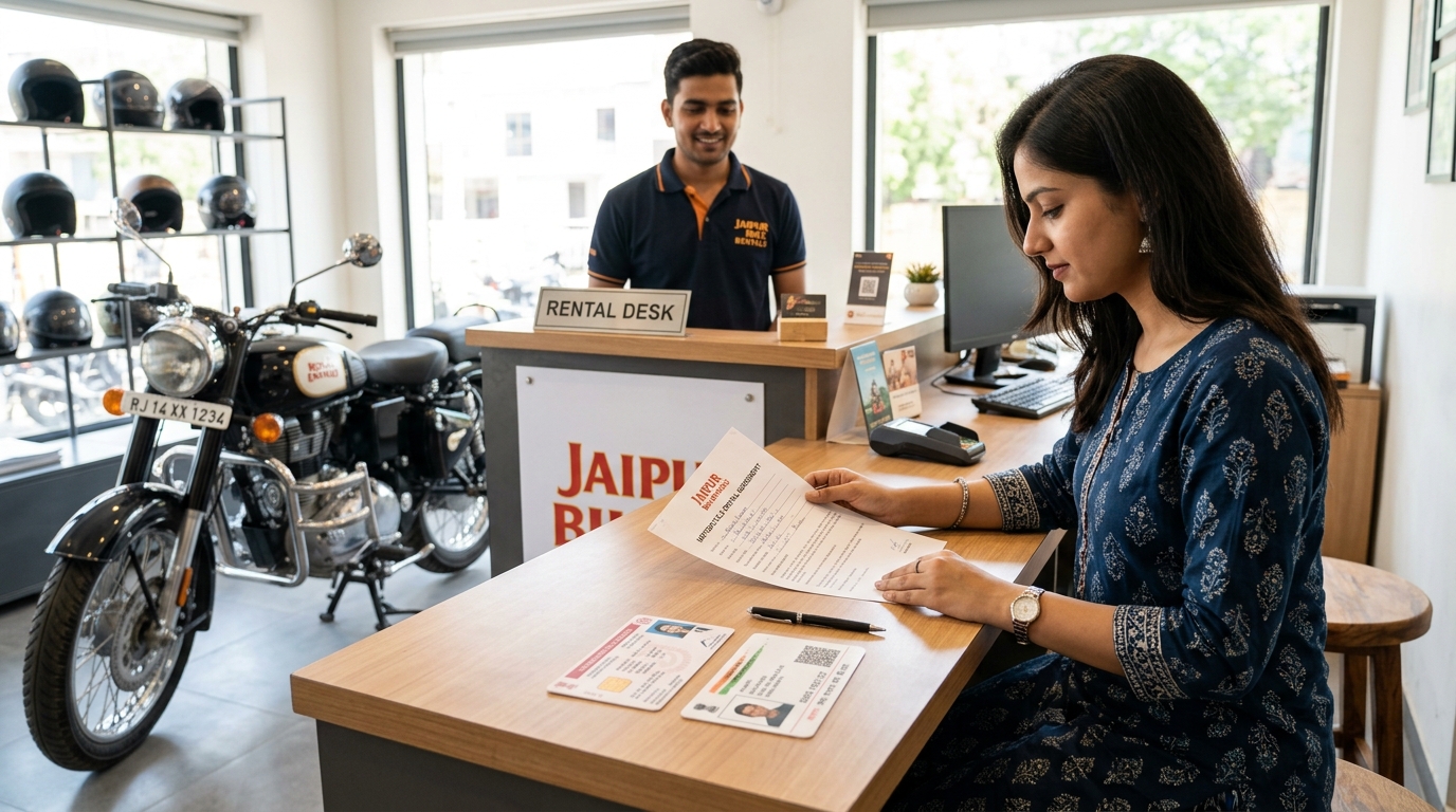 Person reviewing driving licence and ID documents at a professional bike rental counter in Jaipur