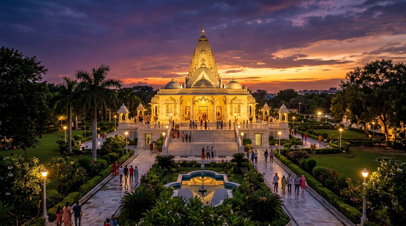 Birla Mandir Jaipur — white marble temple glowing beautifully at dusk with golden illumination