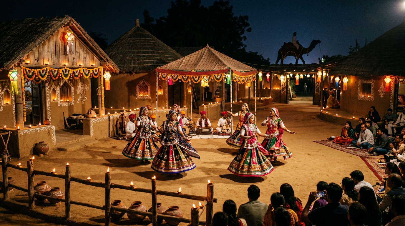 Chokhi Dhani Jaipur — traditional Rajasthani cultural village with folk dancers, lanterns and festive atmosphere