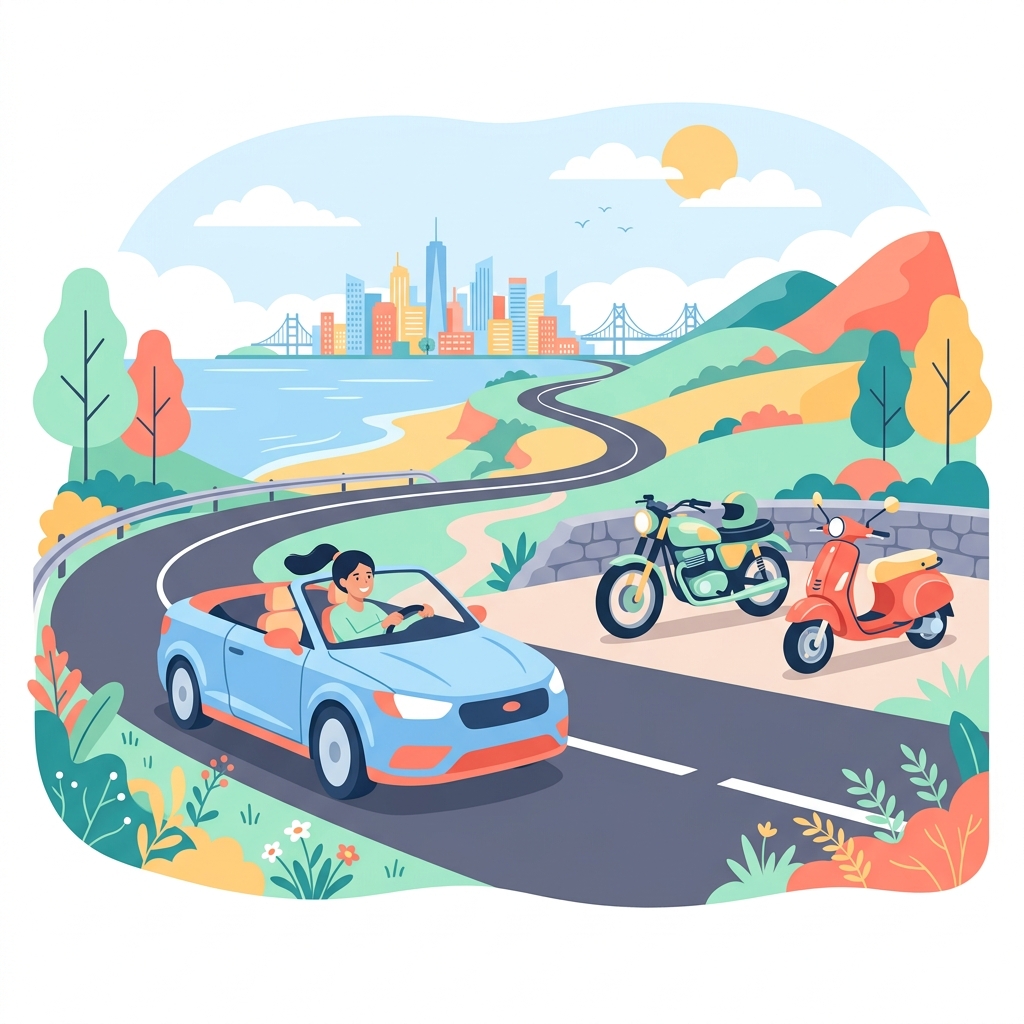 Self-drive car, bike, and scooty rental illustration showing freedom of travel with Gear On