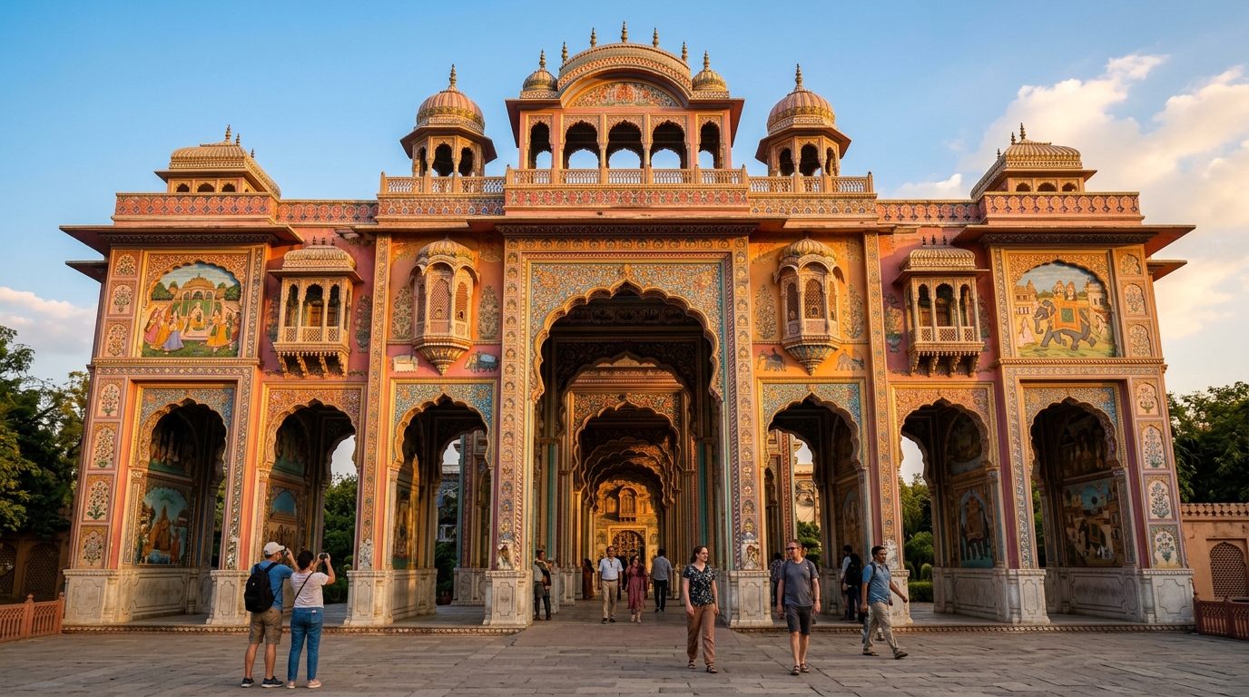Patrika Gate Jaipur — ornate nine-arched gateway covered in vibrant Rajasthani murals and artwork