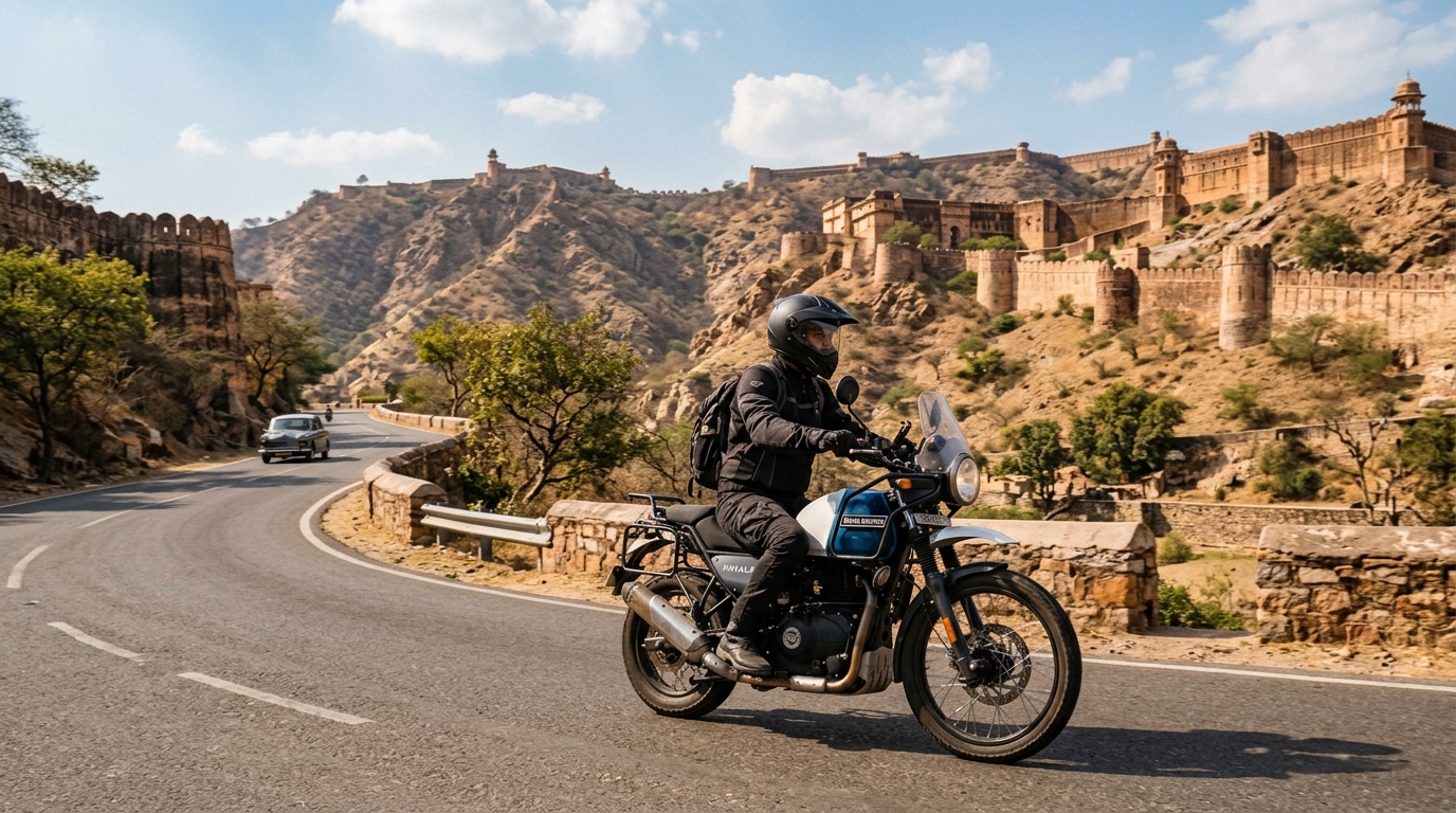 Traveler wearing a full face helmet riding a motorcycle on a scenic hill road in Jaipur