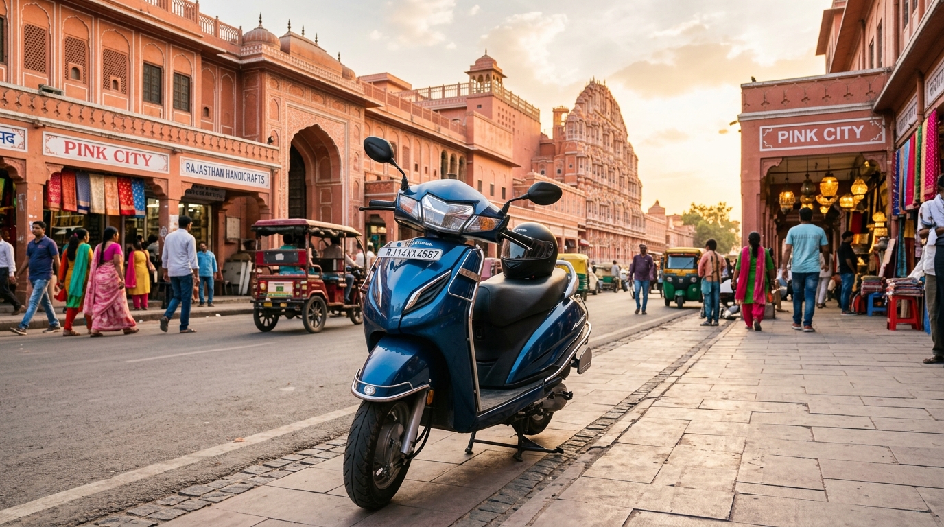 Modern scooter rental in Jaipur parked on vibrant pink city street
