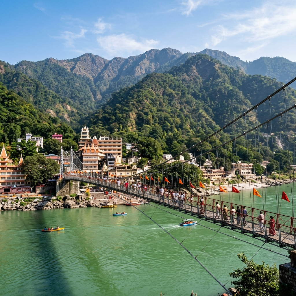 Laxman Jhula suspension bridge over the Ganges in Rishikesh